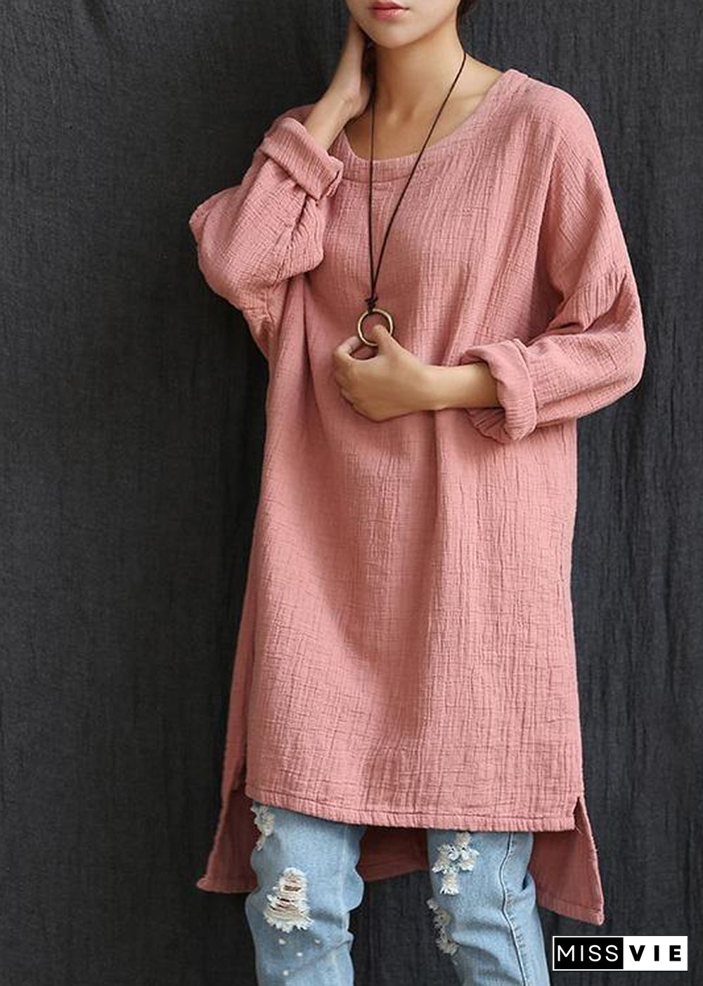 DIY Pink Low High Design U Neck Shirt Tops Spring