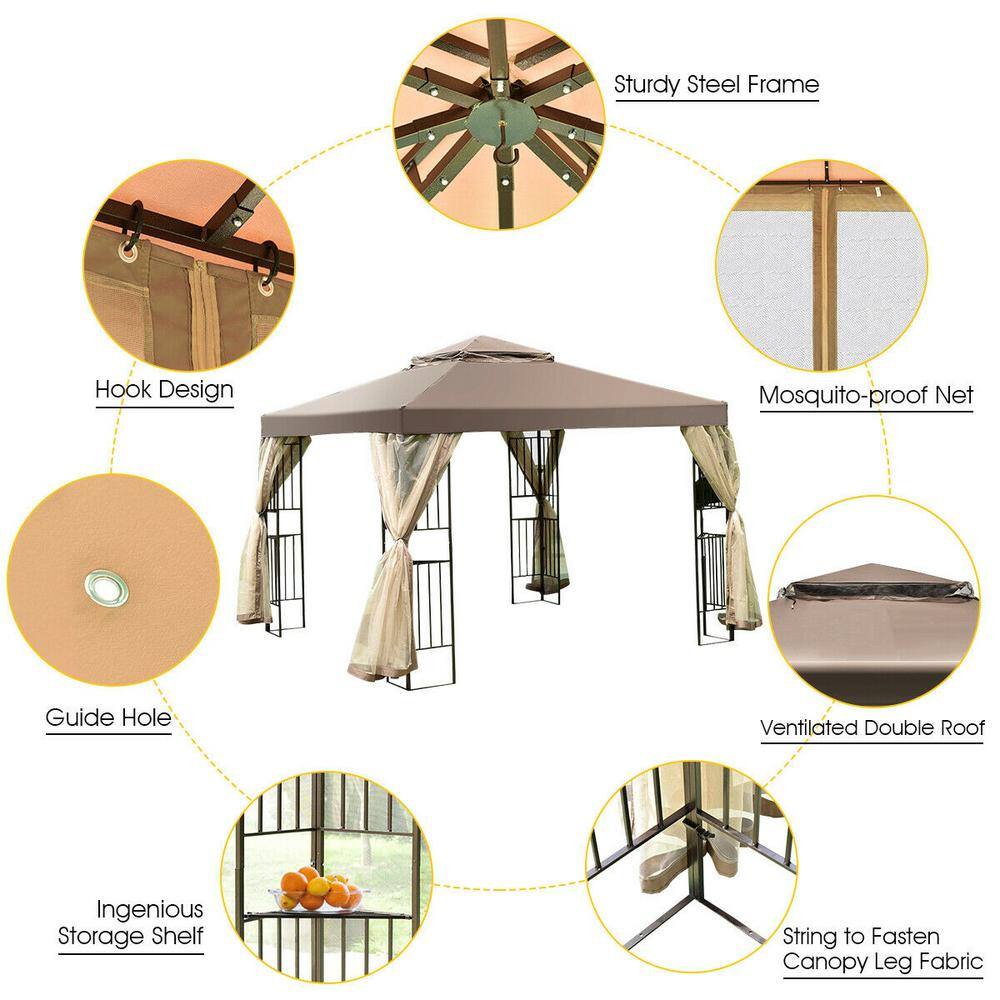 10 ft. x 10 ft. Brown Awning Patio Screw-free Structure Canopy Tent WF-OP3278