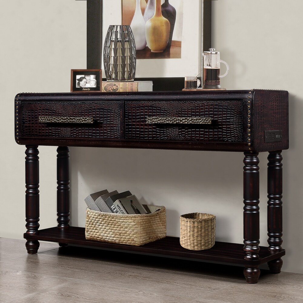 Imitation Crocodile Skin Apperance Sofa Table Wood Console Table with Two Drawers  2 Power Outlets and 2 USB Ports