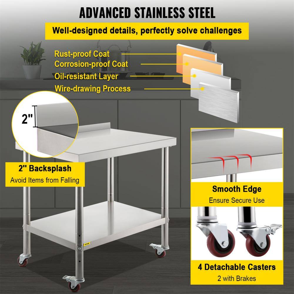 VEVOR Stainless Steel Prep Table 36 x 24 x 35 in. Heavy Duty Metal Worktable with Adjustable Undershelf Kitchen Utility Tables BXGYDGZ362435W02CV0