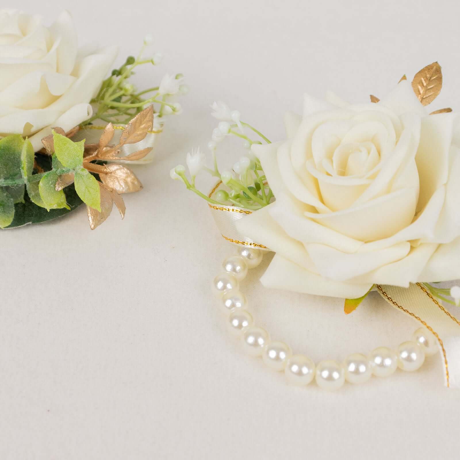 2 Pack White Silk Rose Wrist Corsage With Pearls, 4