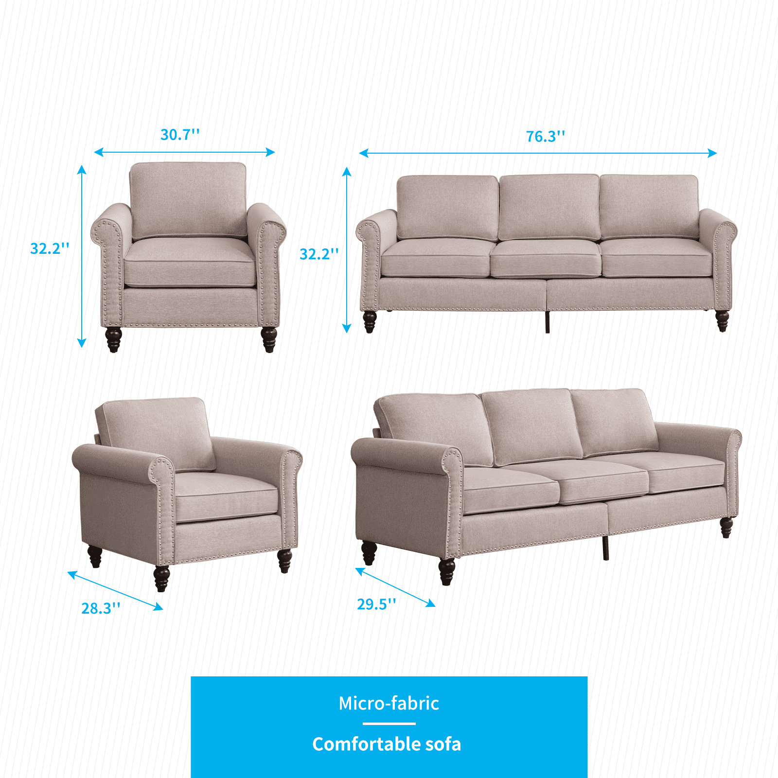 Mjkone Soft Fabric Couches Set for Living Room, Including Three Seat Sofa, Single Sofa for Apartment Furniture Set, Beige