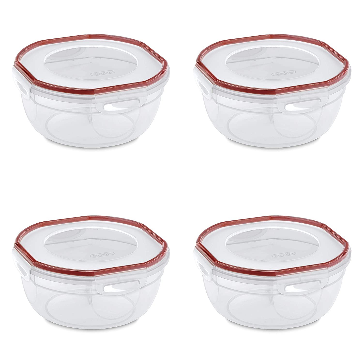 Sterilite 0 Ultra-Seal 2.5 Quart Bowl， Clear Lid and Base with Rocket Red Gasket， 4-Pack