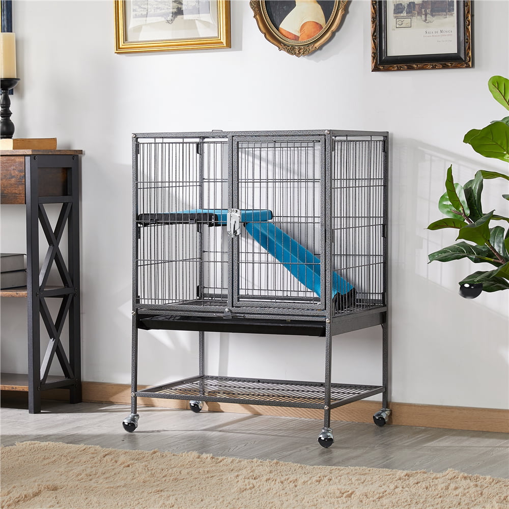 Easyfashion Rolling Metal Small Animal Cage with Removable Ramp and Platform， Hammered， Black