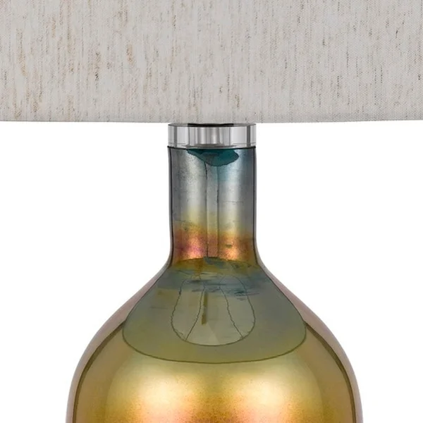 28 Inch Glass Bottle Table Lamp， Drum Shade， Dimmer， Bronze