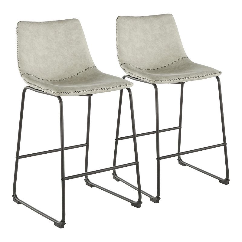 Set of 2 Light Gray Cowboy Fabric with Black Zig Zag Stitching Industrial Style Counter Stools 35.5