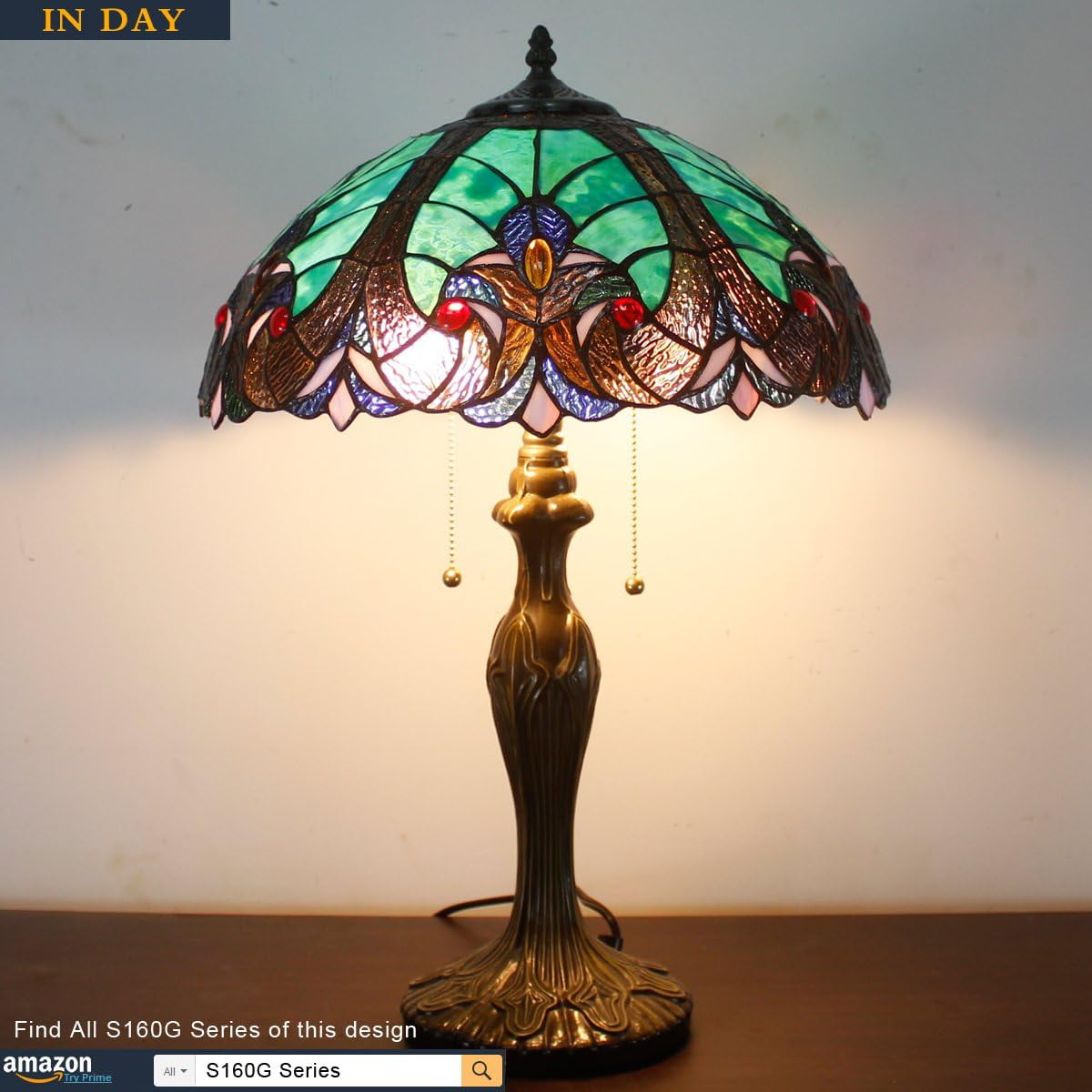 GEDUBIUBOO Tiffany Style Lamp Green Liaison Stained Glass Bedside Table Lamp 16X16X24 Inches Desk Light Metal Base Decor Bedroom Living Room  Office S160G Series Teal Purple