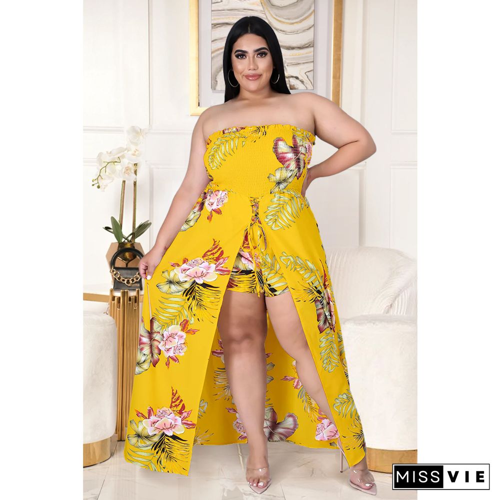 Summer Plus Size Women Clothing Floral Print Elastic Waist Beach Casual One Piece Split Jumpsuit