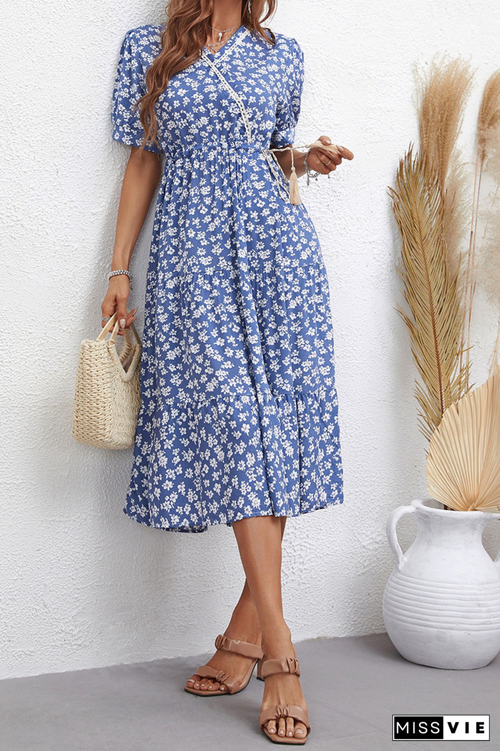 Waist Tie Flower V Neck Midi Dress