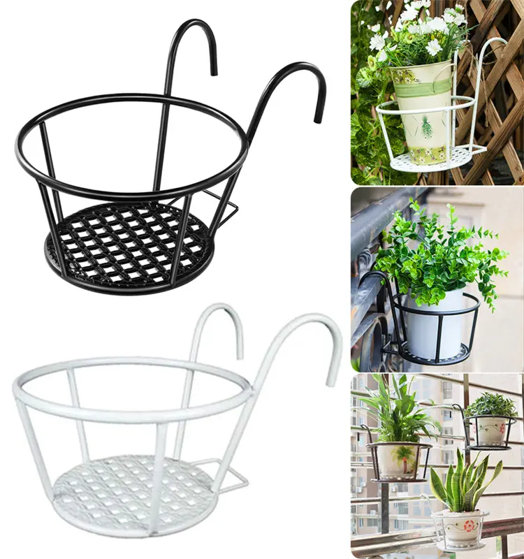 Garden Supplies Hanging Plant Iron Racks Balcony Round Flower Pot Rack Railing Fence Outdoor 1PCS