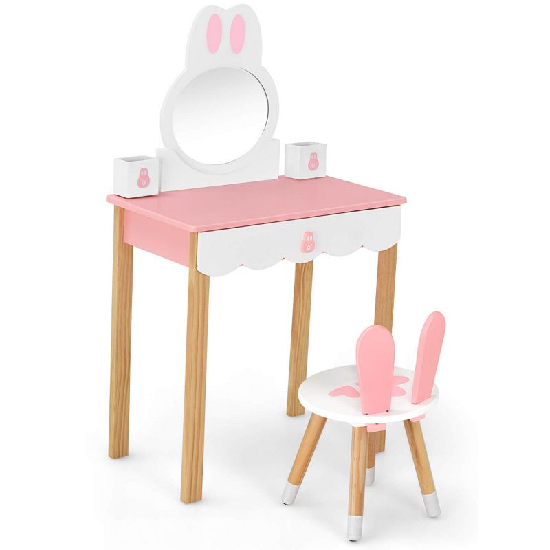 Kids Vanity Set Rabbit Makeup Dressing Table Chair Set with Mirror and Drawer