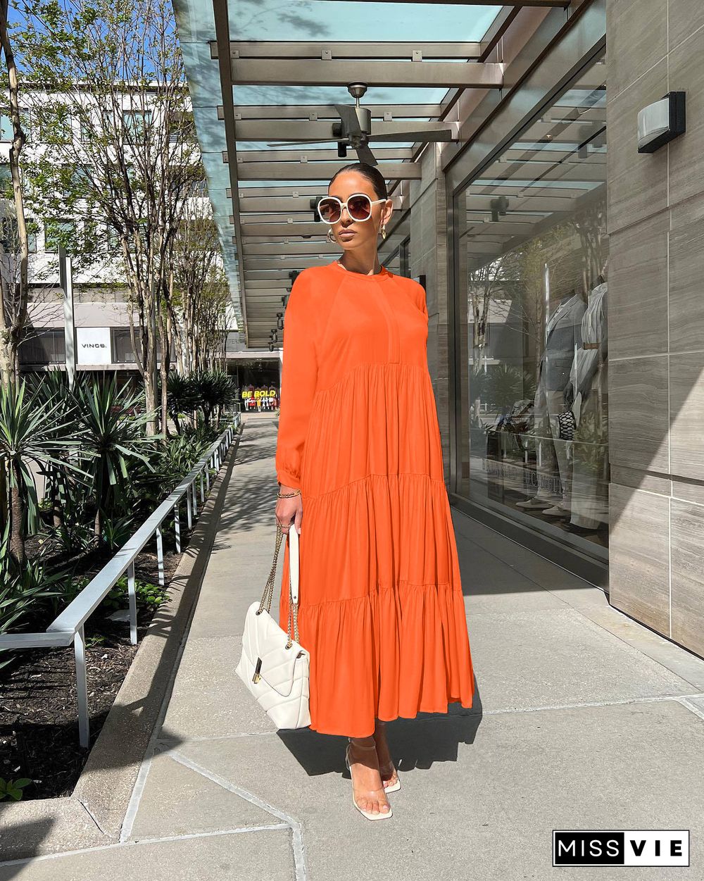 Solid Long Sleeve Loose Fitting Pleated Maxi Dresses