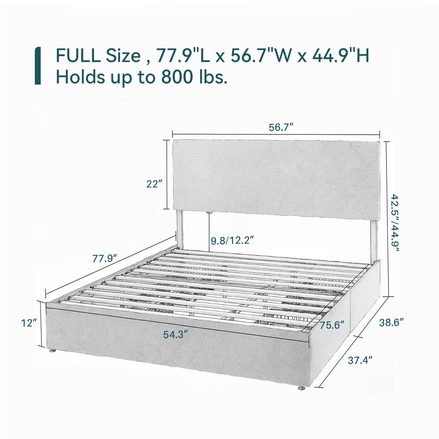 Upholstered Bed Frame with 4 Drawers Storage and Headboard with Wood Slat Support, No Box Spring Needed