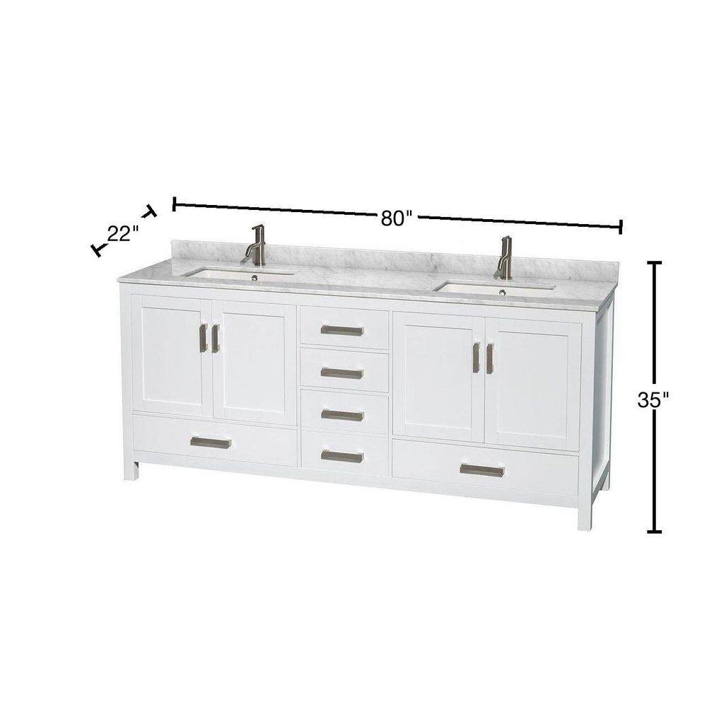 Wyndham Collection Sheffield 80 in. Double Vanity in White with Marble Vanity Top in Carrara White WCS141480DWHCMUNSMXX