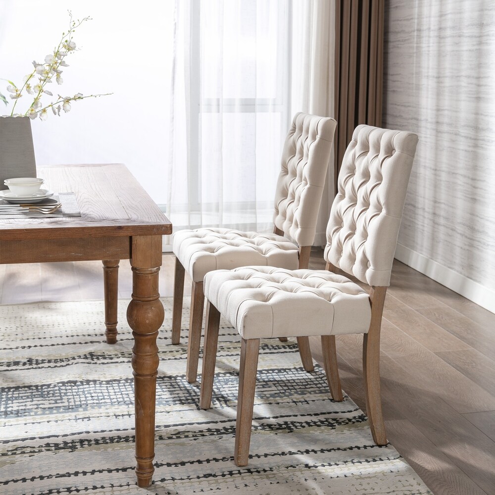 Wooden Frame Dining Chairs Set of 2 Side Chairs  Linen Fabric Upholstered Accent Chairs with Tufted Button Backrest