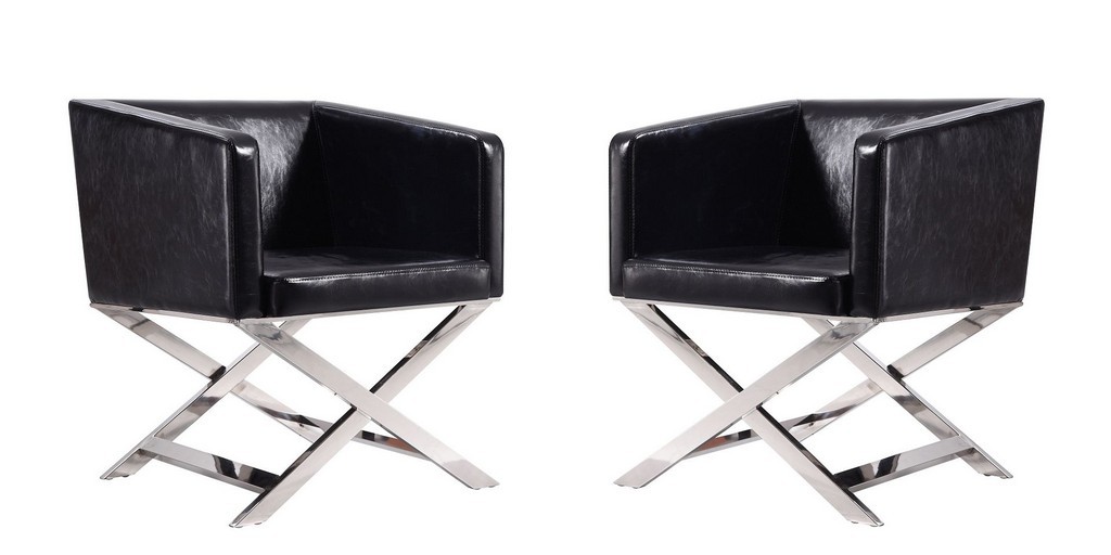 Manhattan Comfort Hollywood Black and Polished Chrome Faux Leather Lounge Accent Chair (Set of 2) - Manhattan Comfort 2-AC050-BK