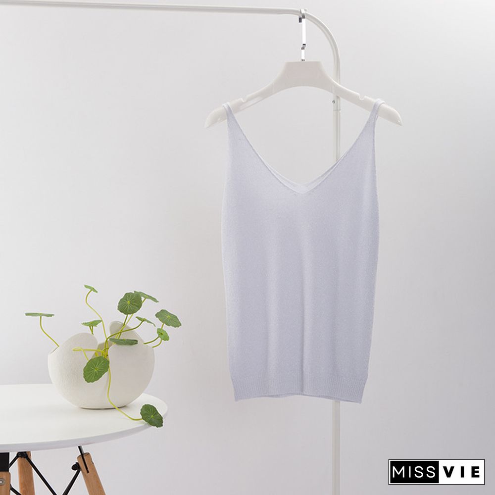 Crop Tops Women Sexy Knitted Tank Top Gold Thread Top Vest Summer Camisole Women White Tank Top Fitness Femme Camis T Shirt