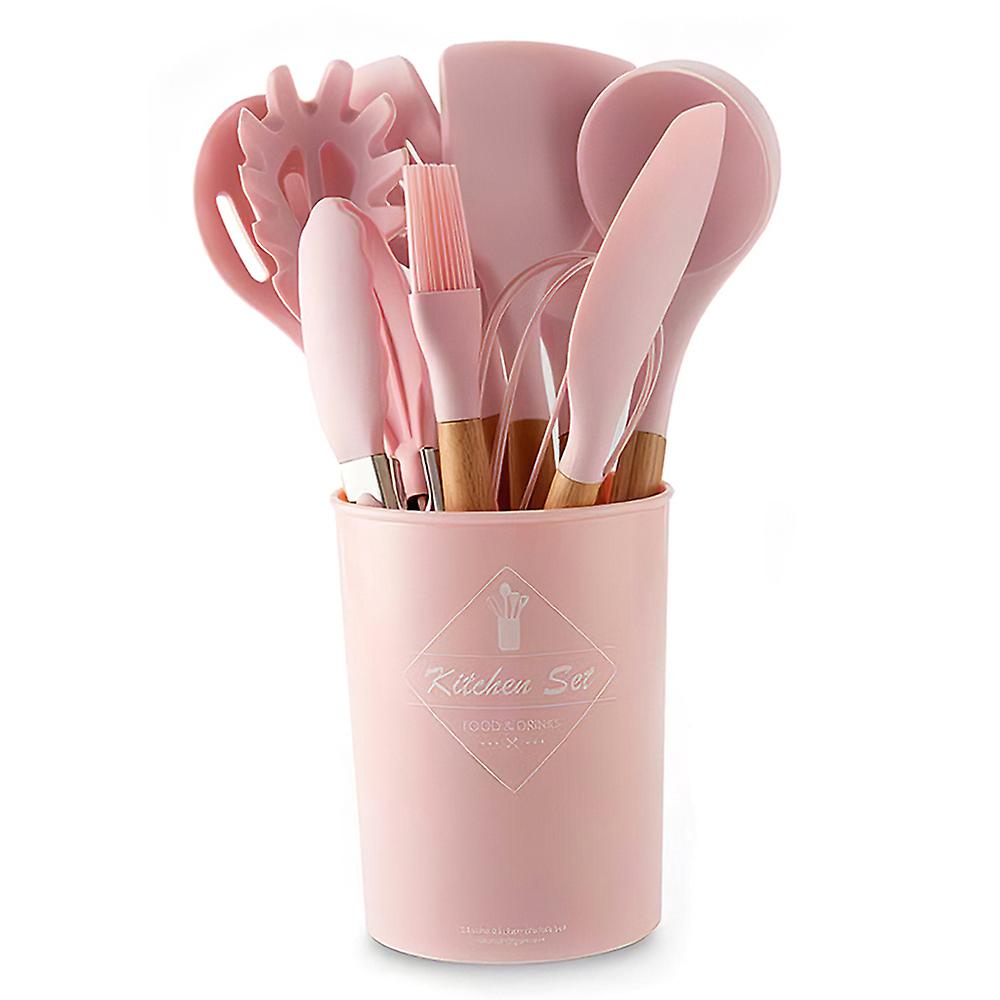 Kitchen Utensils Set 11pcs Silicone Non-stick Barreled Cooking Utensils Set Silica Gel Utensil Wooden Handle Kitchenware Set Pink