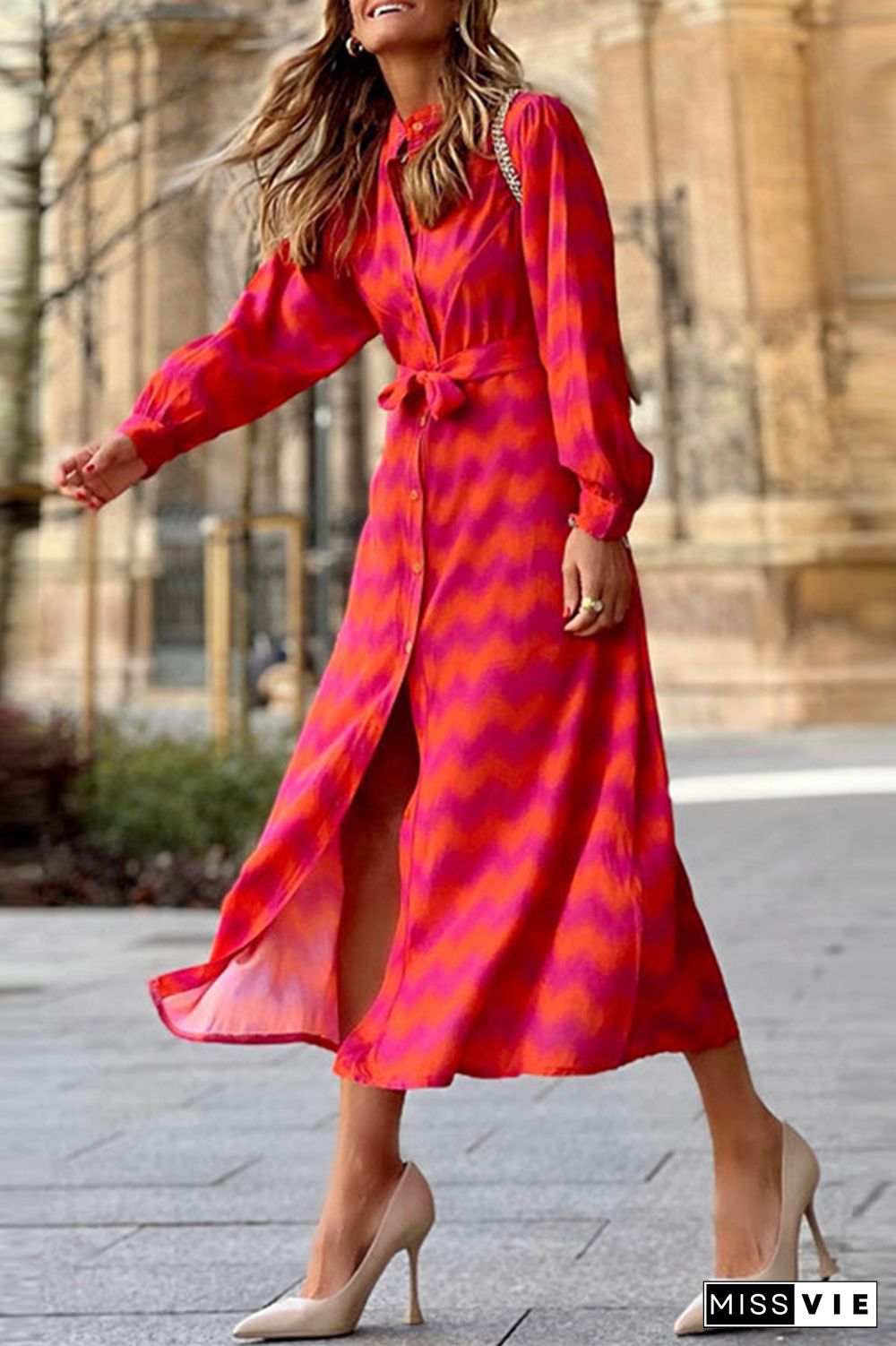 Casual Print Patchwork Turndown Collar Long Dress Dresses