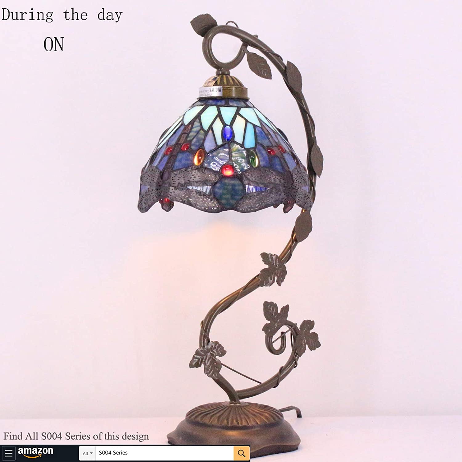 SHADY Tiffany Lamp Blue Stained Glass Dragonfly Style Table Lamp  Metal Leaf Base 8X10X21 Inches Desk Light Decor Small Space Bedroom Home Office S004 Series