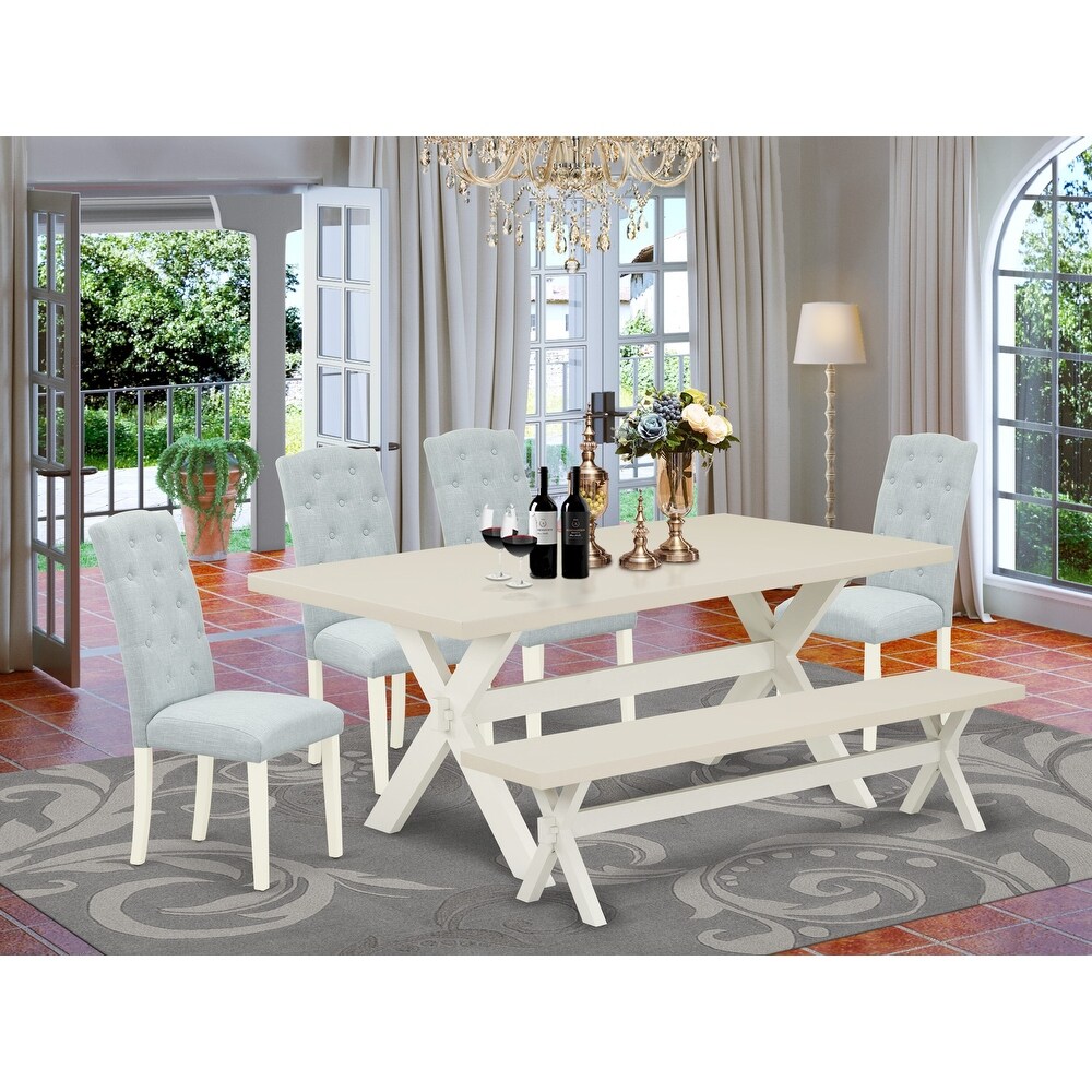 East West Furniture Table Set  a Table with X Legs and Baby Blue Linen Fabric Upholstered Chairs  Off White(Pieces Options)