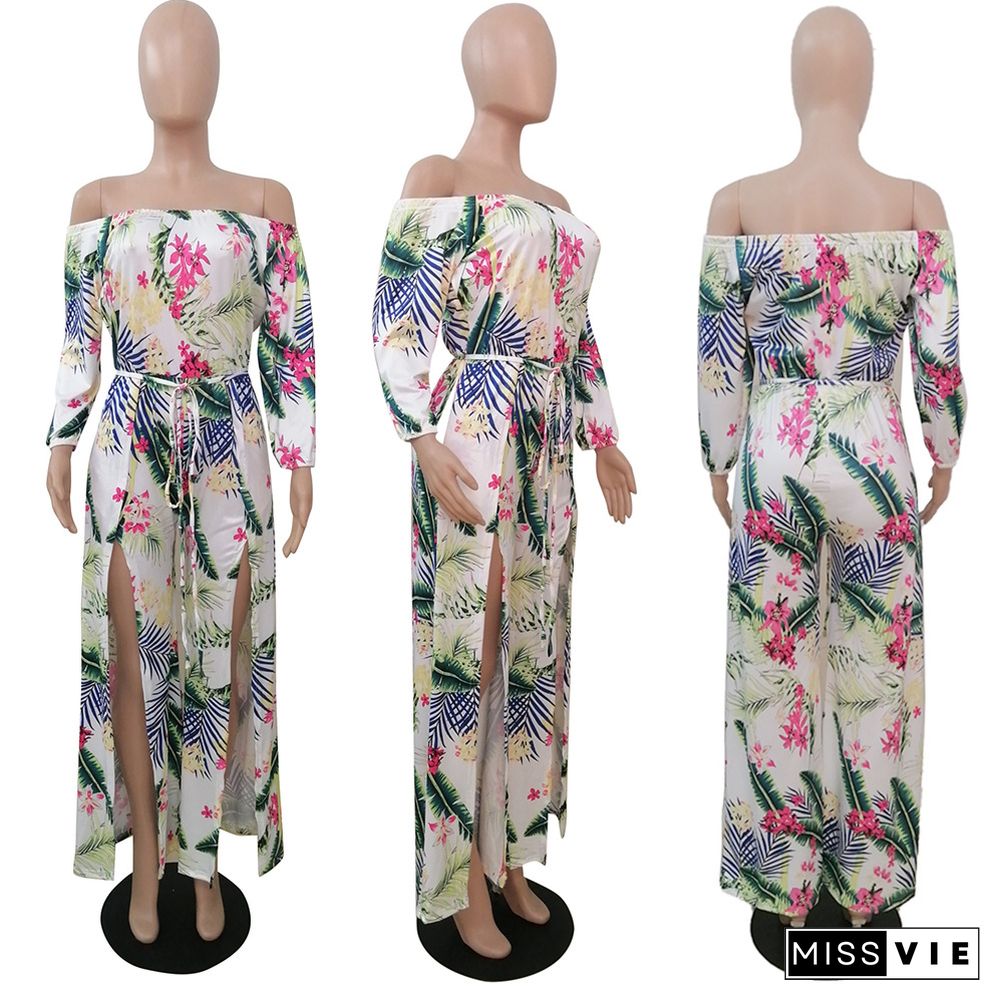 Summer Sexy Split Boho Beach Off Shoulder Long Sleeve Vintage Floral Printed Women Jumpsuit