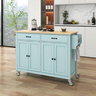 Mint Green Rubberwood Top 54.3 in. Kitchen Island Cart Locking Wheels Spice Towel Rack with 4-Door Cabinet and 2-Drawer EC-KIW-5202