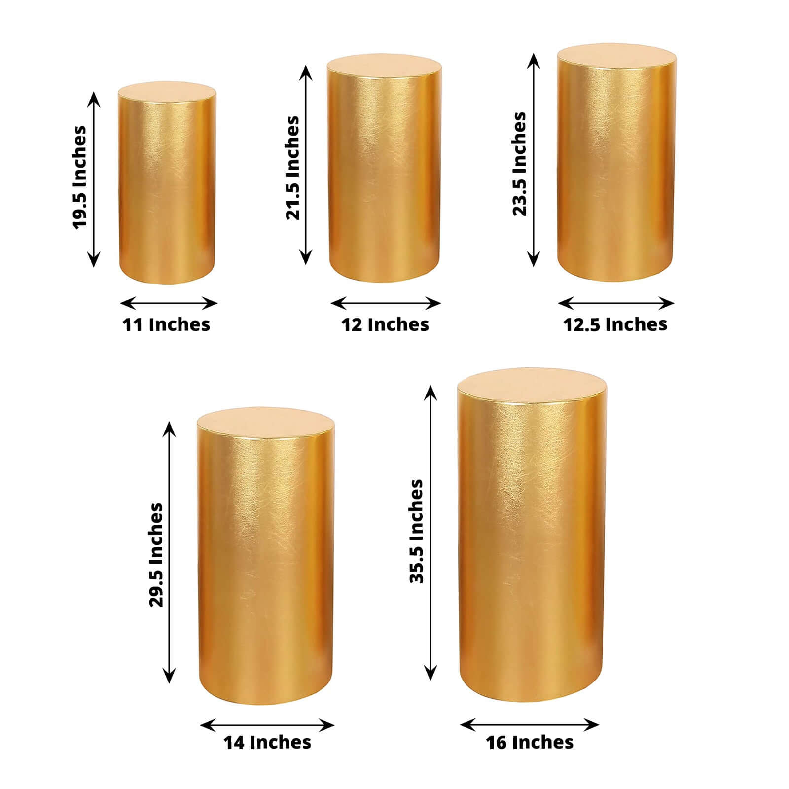 Set of 5 Metallic Gold Spandex Cylinder Pillar Prop Covers, Shiny Stretchable Pedestal Stand Covers - 130 GSM