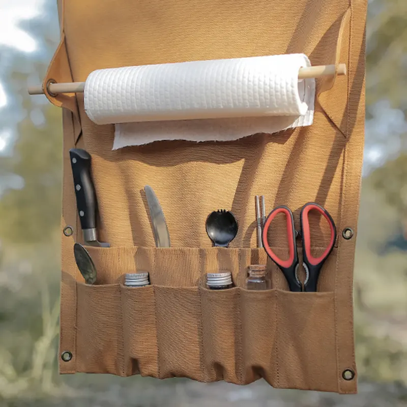 Camping Tableware Storage Bag Multi Pockets Canvas Storage Rack Portable Towel Pouch BBQ Picnic Cutlery Hanging Holder Organizer