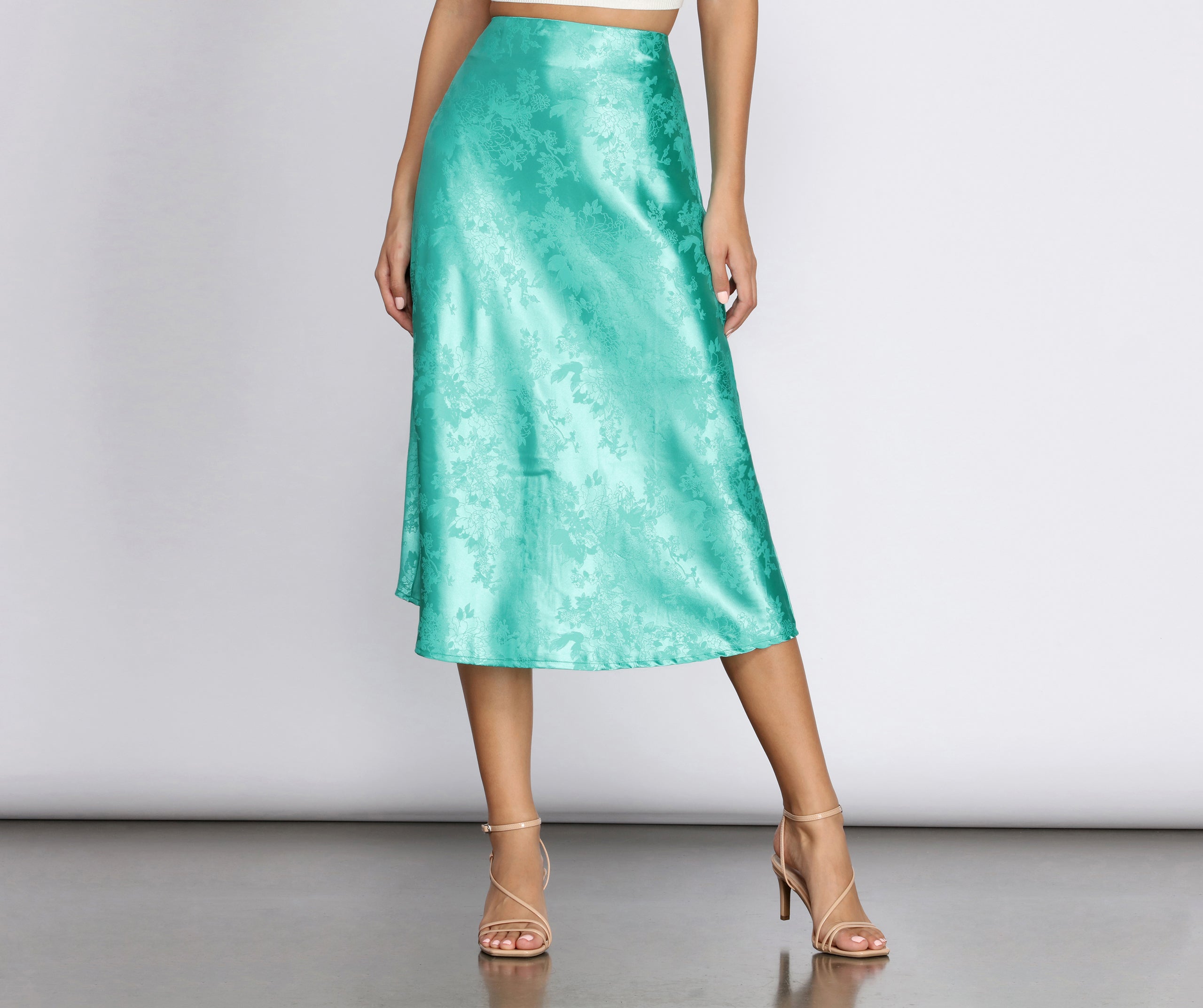 Embossed Floral Print Satin Midi Skirt