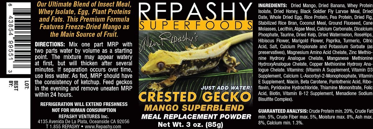 Repashy Superfoods Crested Gecko Mango Superblend Meal Replacement Powder Reptile Food， 3-oz bottle