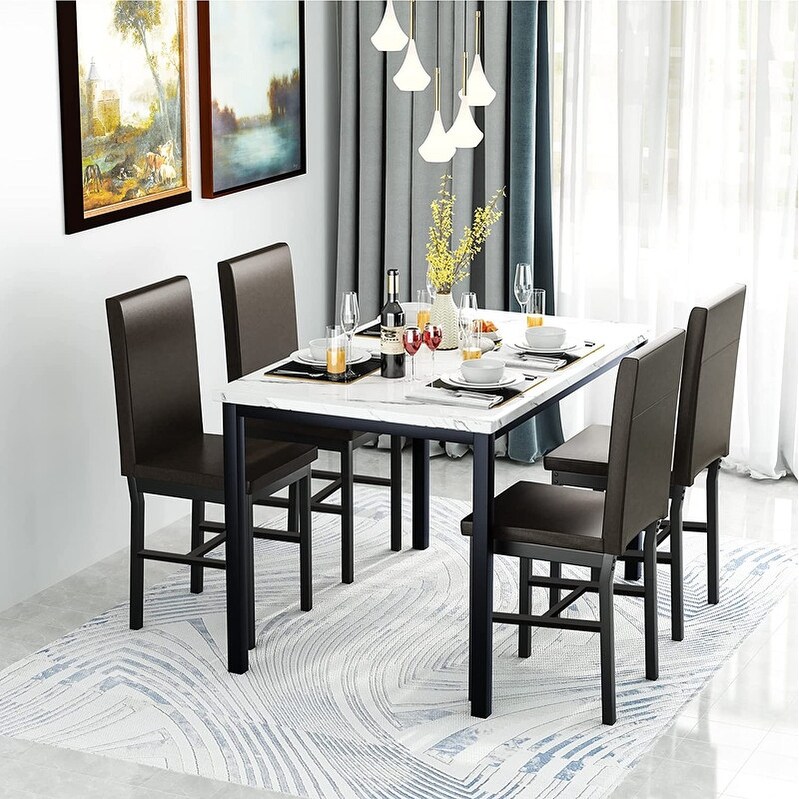 Mieres 5 Pieces Faux Marble Dining Table Set with 4 Upholstered PU Leather Chairs