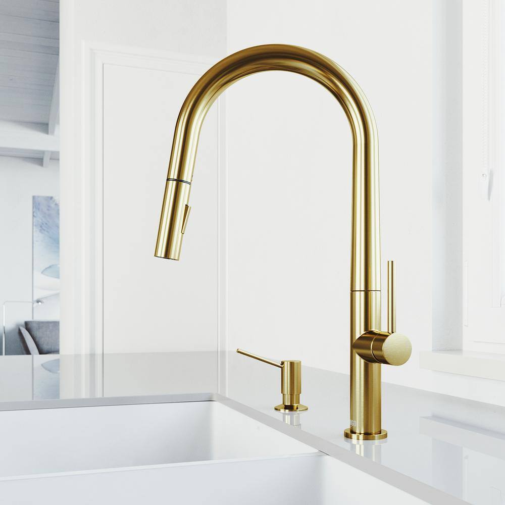 VIGO Greenwich Single Handle Pull-Down Sprayer Kitchen Faucet Set with Soap Dispenser in Matte Brushed Gold VG02029MGK5