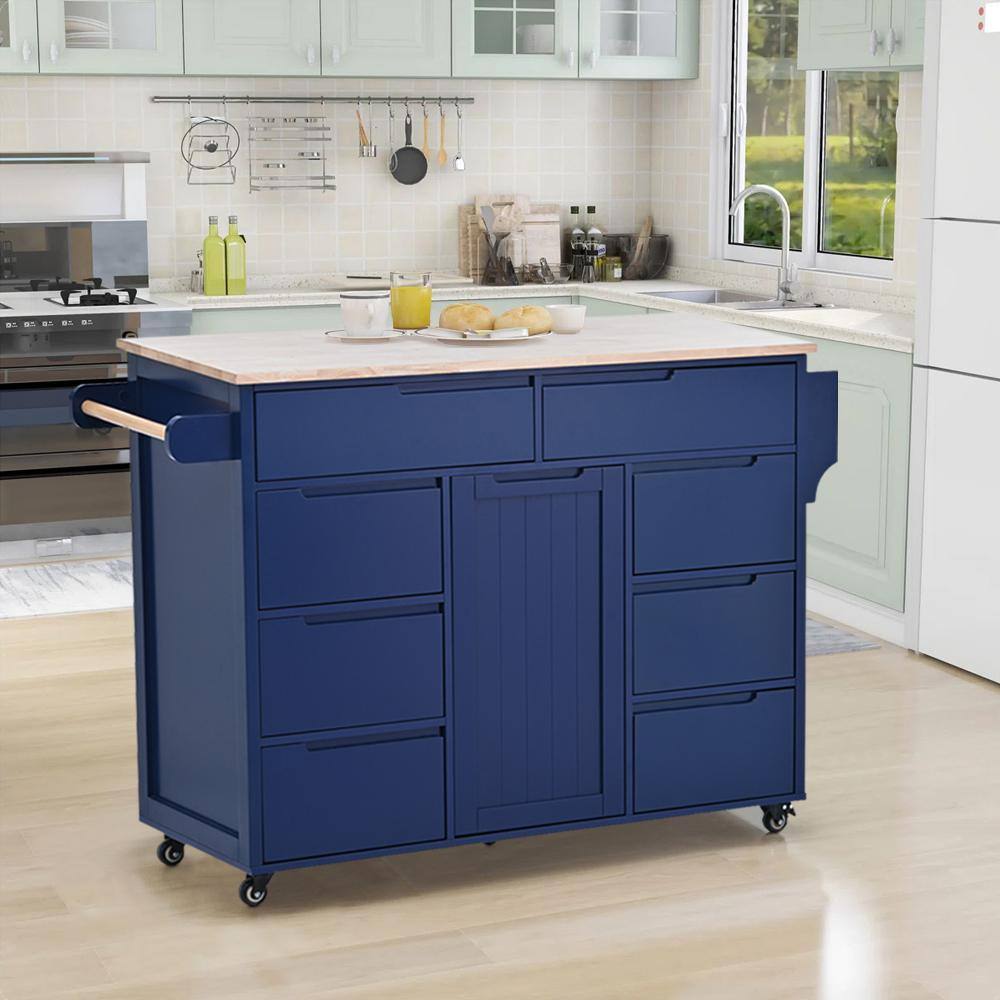 Siavonce Blue Rubber Wood 18.50 in. W Kitchen Island Cart with 8 Handle-Free Drawers Including a Flatware Organizer and 5 Wheels DJ-ZX-SK000002AAG