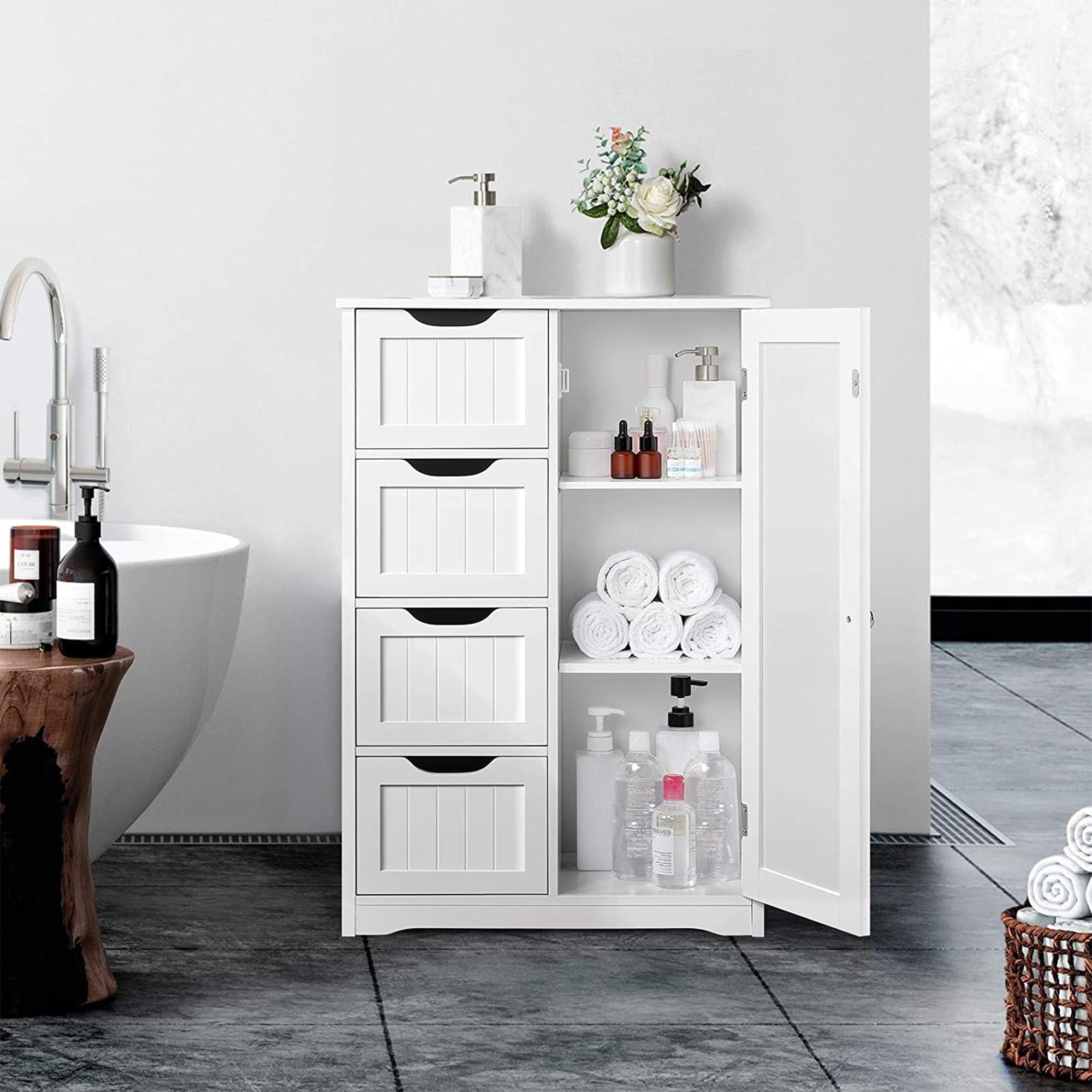 Vebreda 4 Drawer Bathroom Cabinet Storage Cupboard 3 Shelves Free Standing White