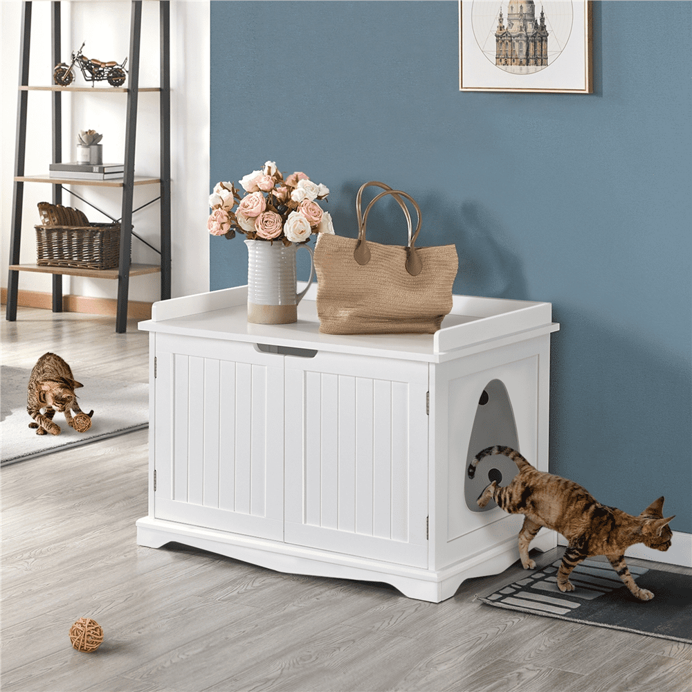 SmileMart Wooden Pet Litter Box for Pets Cat Hidden Washroom Bathroom with Door， White