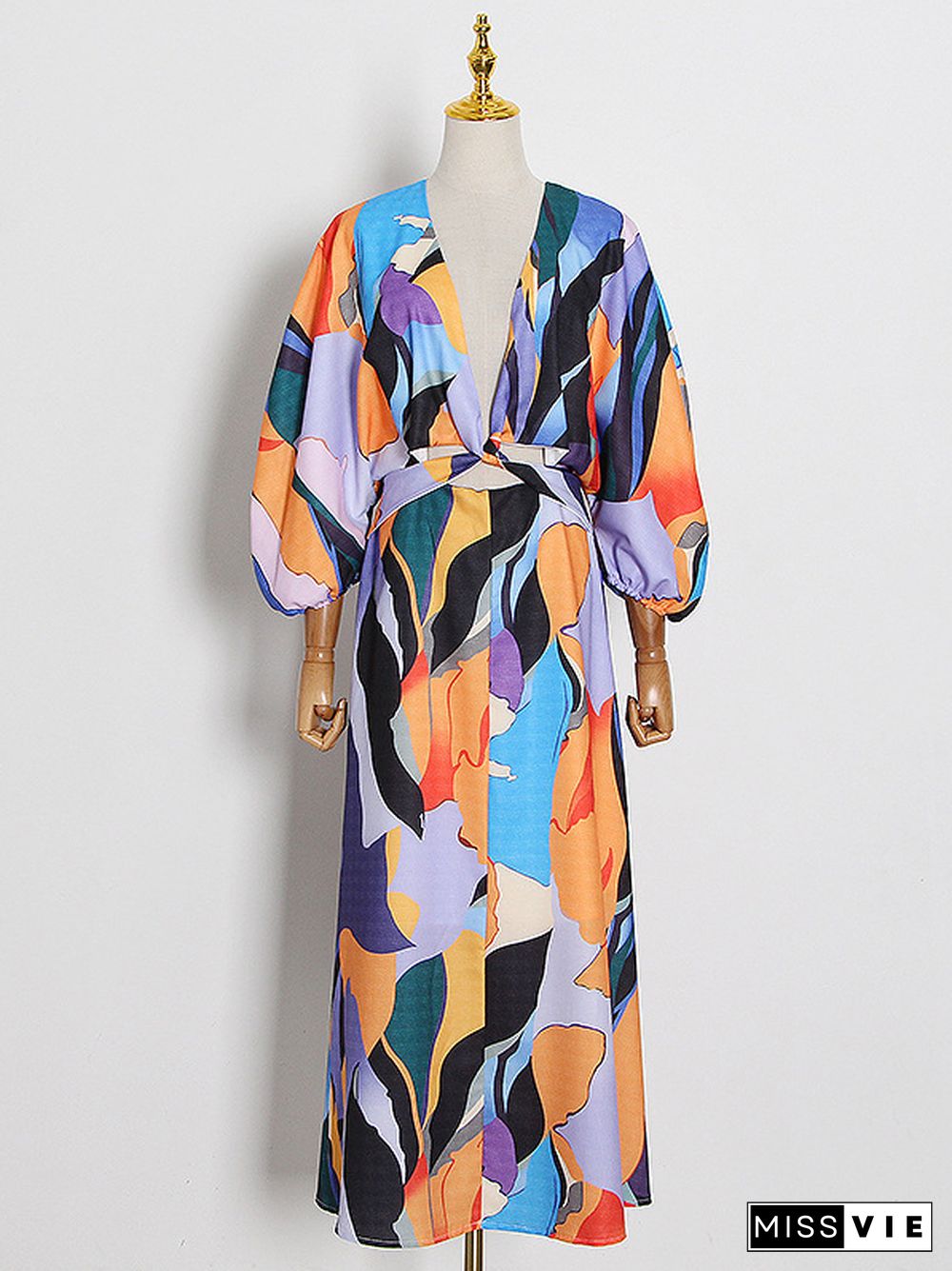 Original Puff Sleeves Loose Contrast Color Printed Deep V-Neck Maxi Dresses