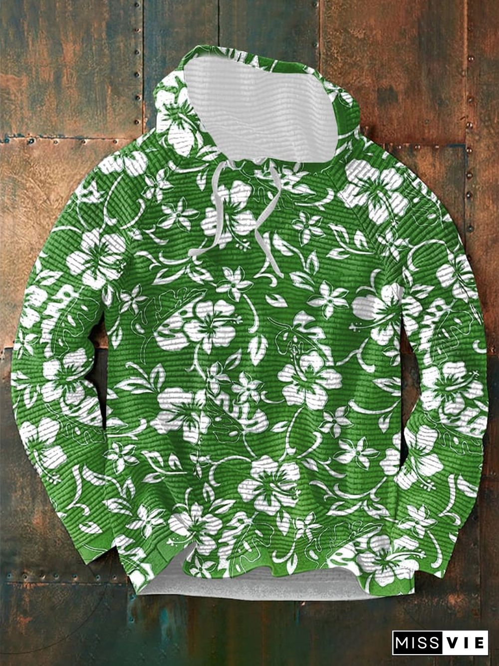 Men's Christmas Hawaiian Mele Kalikimaka Hibiscus Print Waffle Hooded Sweatshirt