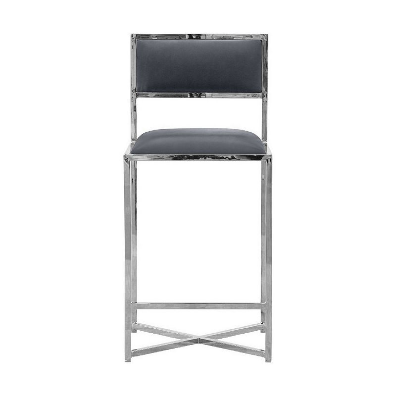 Eun 26 Inch Faux Leather Counter Stool， Chrome Base， Set of 2， Dark Gray