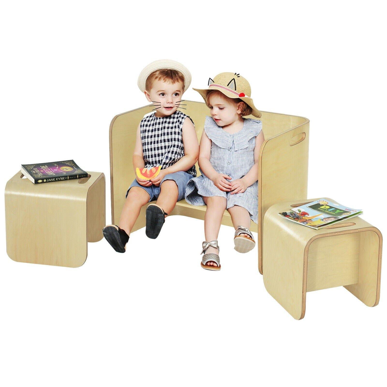 Costzon Kids Table and Chair Set, 4 in 1 Wood Activity Table, Bench, Storage Shelves