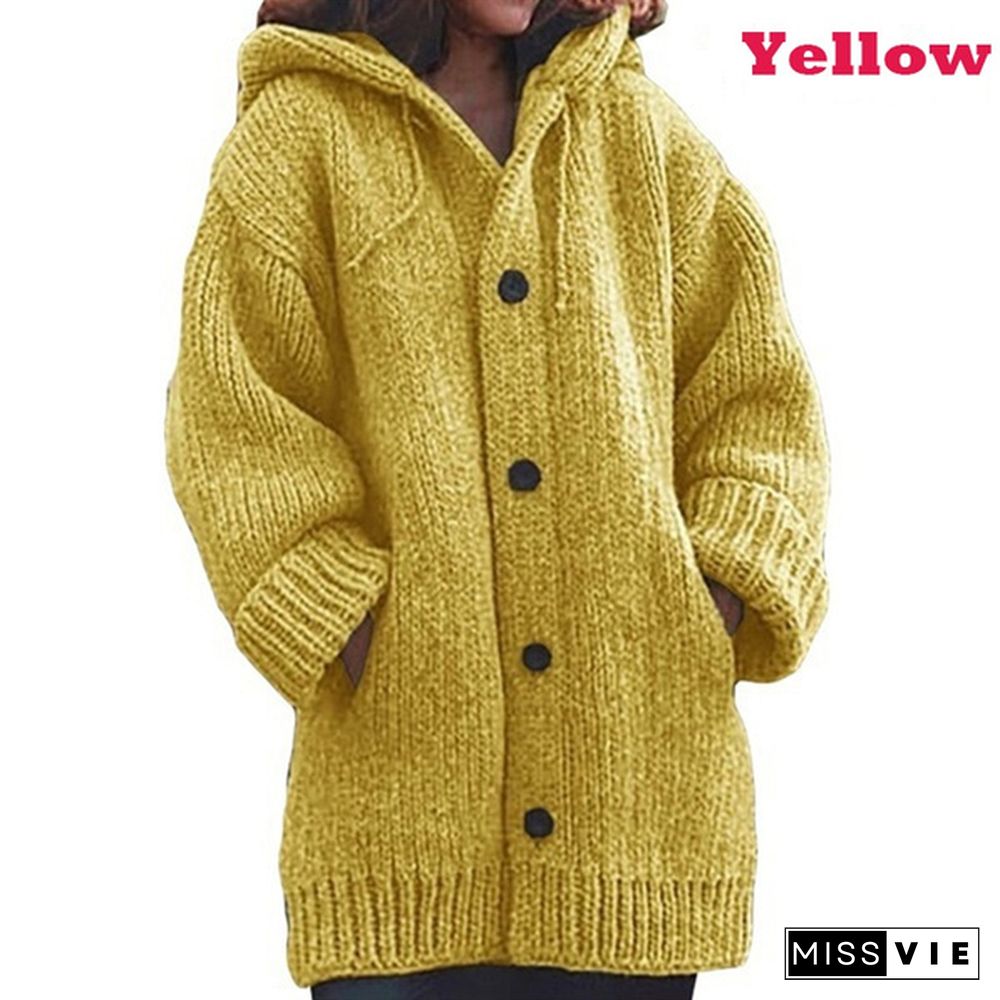 Women Fashion Mid-length Button Up Knitted Cardigan Jackets Ladies Casual Autumn and Winter Hooded Sweater Coats Strickjacke Damen