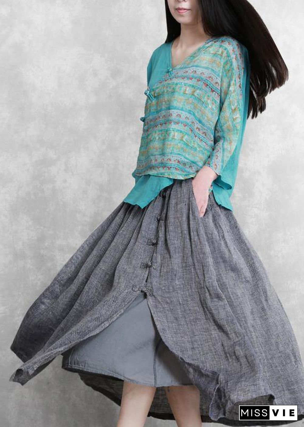 French Grey Elastic Waist Oriental Summer Linen Skirt