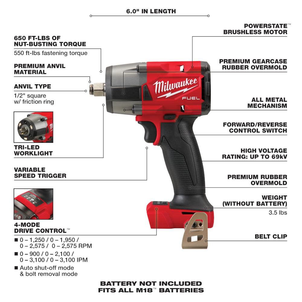 Milwaukee M18 FUEL 1/2 Mid-Torque Impact Wrench with Friction Ring 2962-20 from Milwaukee