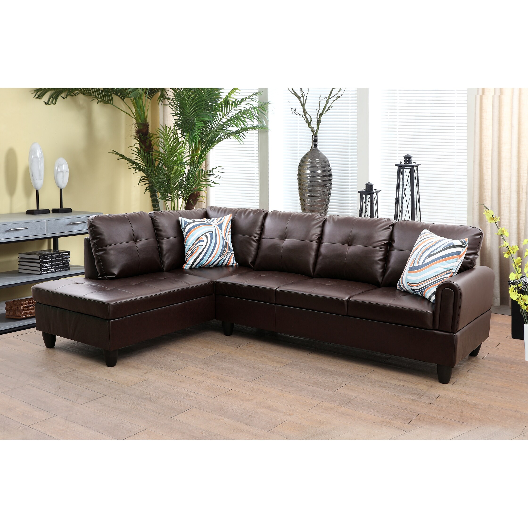 2-Pieces Sectional Sofa and Chaise，Brown，Faux Leather(09723A-2)