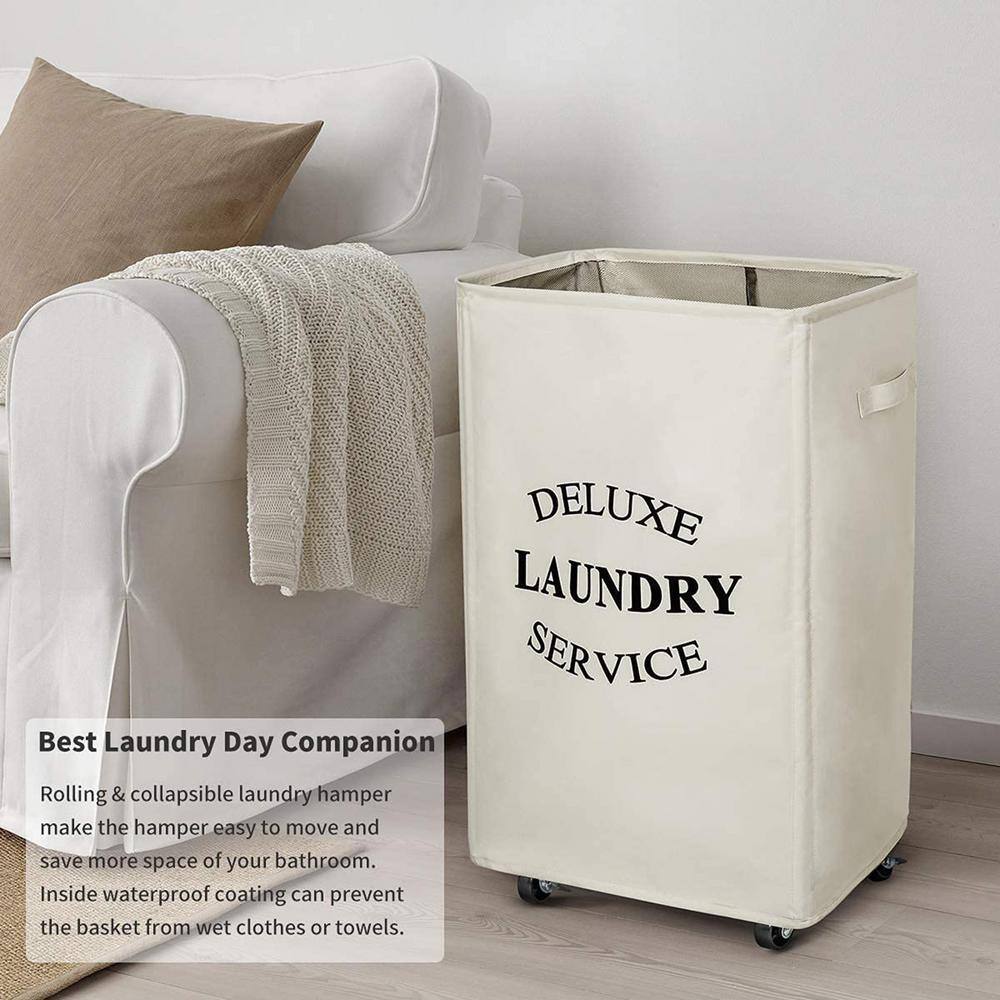 90L Fabric Laundry Basket Hamper with Beige Wheels hamper-148