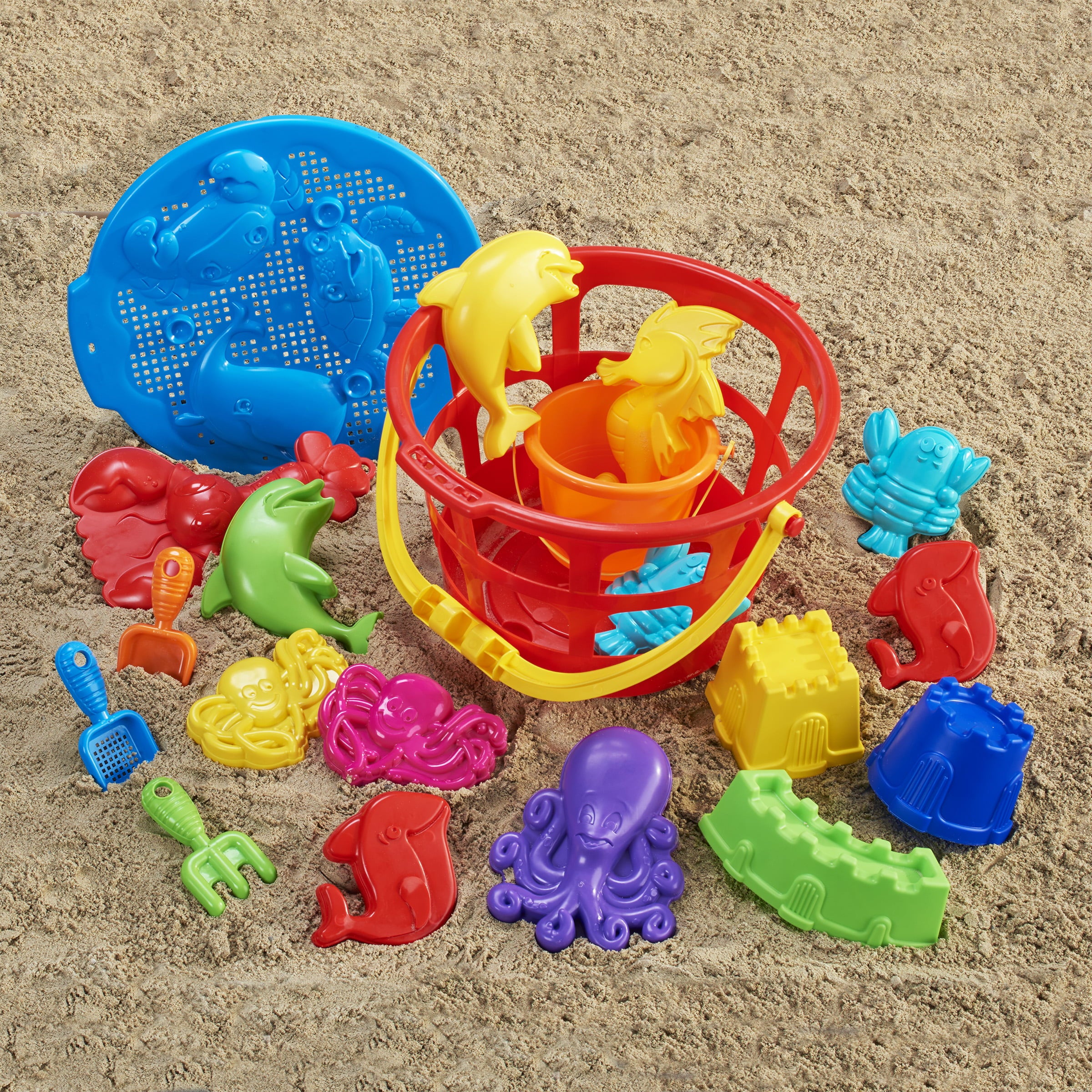 Play Day Colossal Pail 20-Piece Beach Toys Set – Kids Beach Sand Toys Set, Sand Molds, Sand Tools, Sandcastle Molds, Beach Bucket and Shovel with Carry Basket