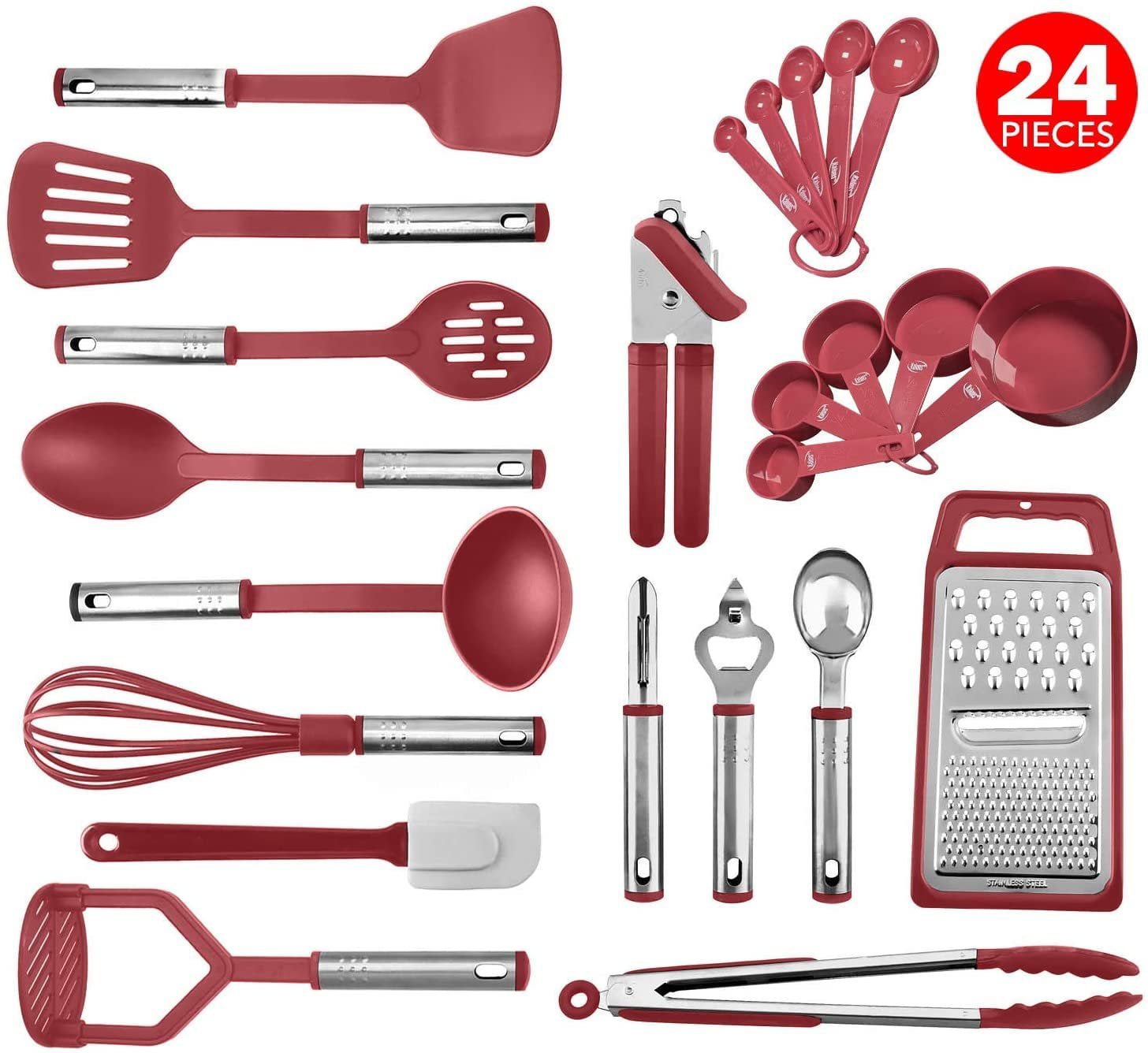 Kaluns Nylon and Stainless Steel Non-Stick and Heat Resistant Kitchen Cooking Utensil Set, 24 Piece, Red