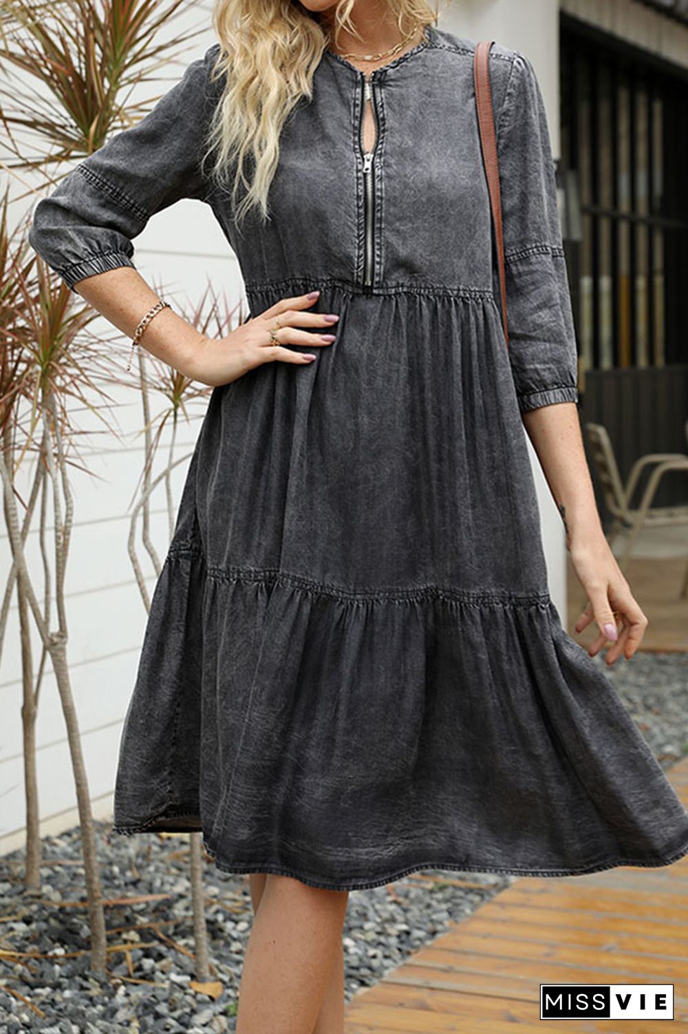 Washed DIstressed Zipper Denim Dress