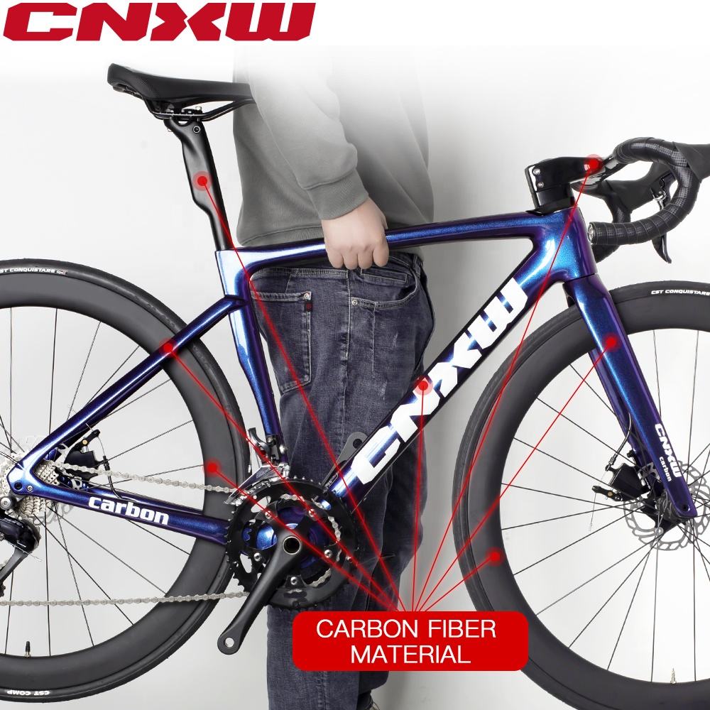 CNXW MOQ 1psc OEM ODM 700C 18speed Double Disc Brake Fully Hidden Cables Carbon Fiber Road Cycling Bicycle Bike for Adult