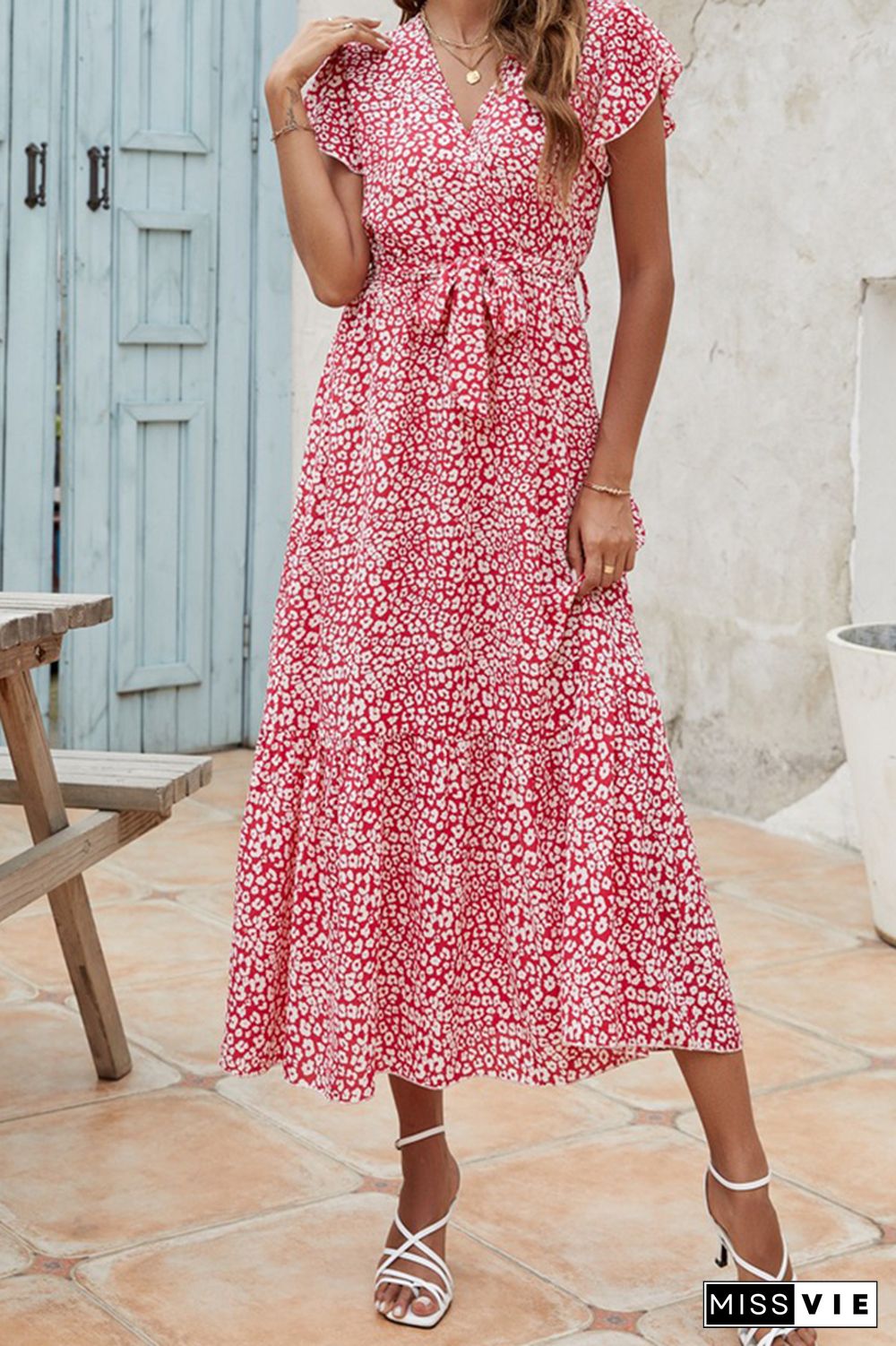 Floral Print Short Sleeve V Neck Long Dress Wholesale